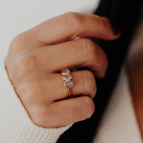 Genuine Natural Labradorite Triple Stone Sterling Silver 14k Gold Ring - Picture 4 of 5